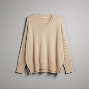 Pink Lily Oversized Tan Knit Sweater | V-Neck Cozy Pullover